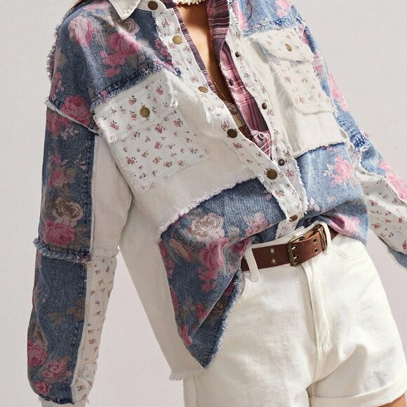 Multicolor Boho Women's Woven Patchwork Long Sleeve Loose Regular Jacket - Picture 4 of 7